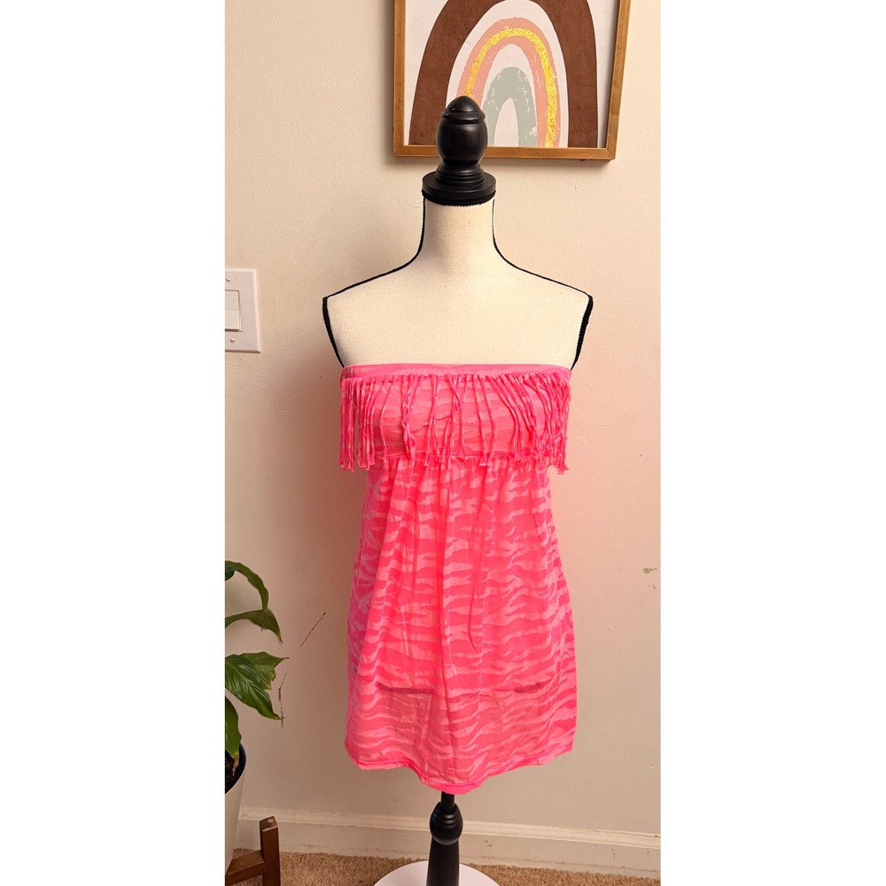 Bongo Fringe Tube Top Womens Medium Pink Zebra Print‎ Y2K Neon Beach Cover Up